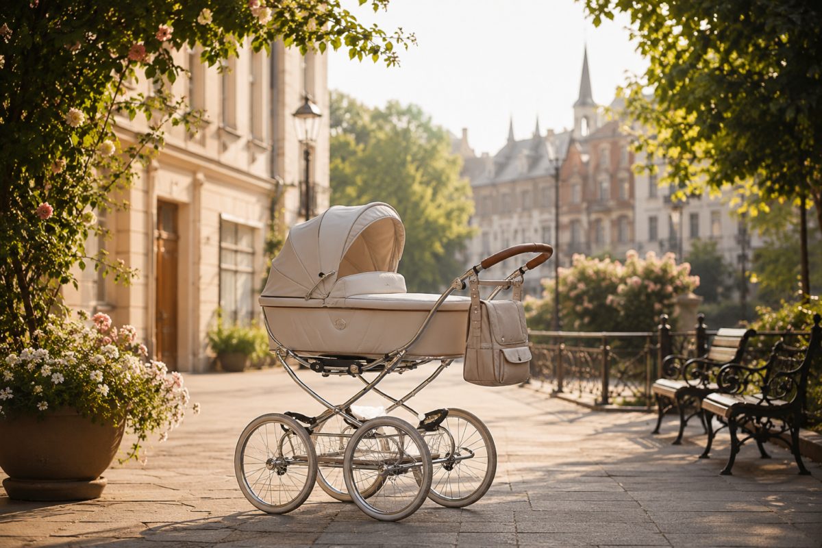 Elegant retro baby stroller on a charming European street