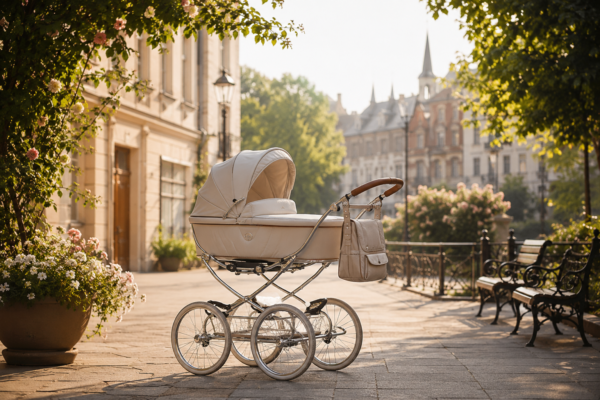 Elegant retro baby stroller on a charming European street