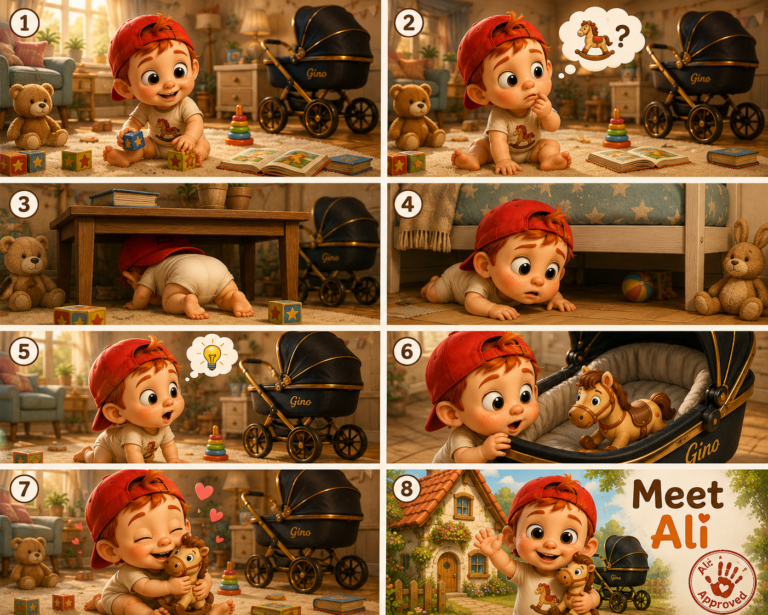 Meet Ali comic introducing the Alitera Premium mascot searching for his favorite pony toy beside a Baby Fashion Gino stroller.